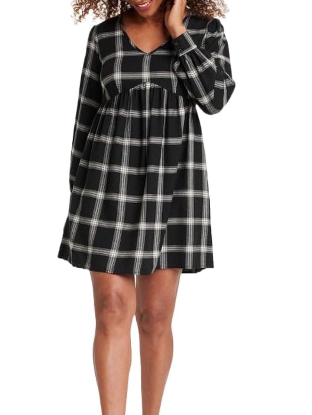 Knox Rose Black & White Plaid V-Neck Babydoll Dress - Size M